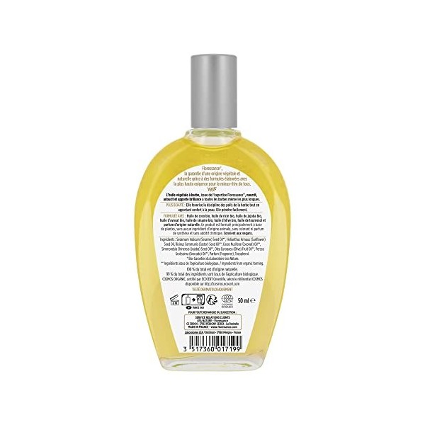 Floressance - Huile à barbe biologique - Nourrit et adoucit - Certifié Cosmebio - Flacon de 50 ml