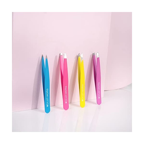 Brushworks HD 4 Piece Combination Tweezer Set Lot de pinces à épiler combinées Neon