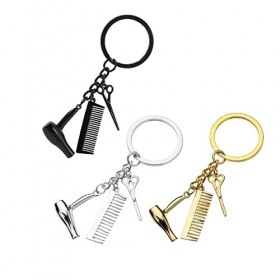 Jxuzh 3 pcs coiffeur porte-clés sèche-cheveux ciseaux peigne porte-clés pour cadeau femmes hommes porte-clés or argent noir