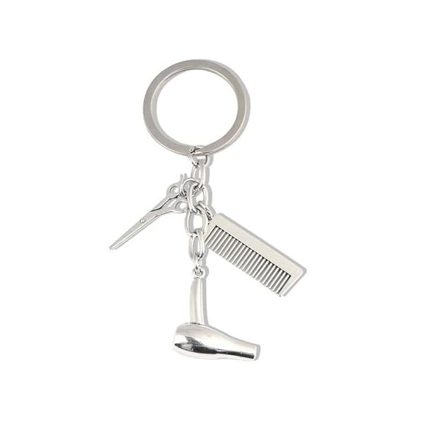 AUTOZOCO Porte-clés coiffeur ciseaux peigne sèche-cheveux mini métallique, argent métallique, S
