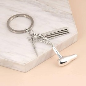 AUTOZOCO Porte-clés coiffeur ciseaux peigne sèche-cheveux mini métallique, argent métallique, S