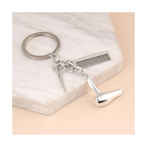 AUTOZOCO Porte-clés coiffeur ciseaux peigne sèche-cheveux mini métallique, argent métallique, S