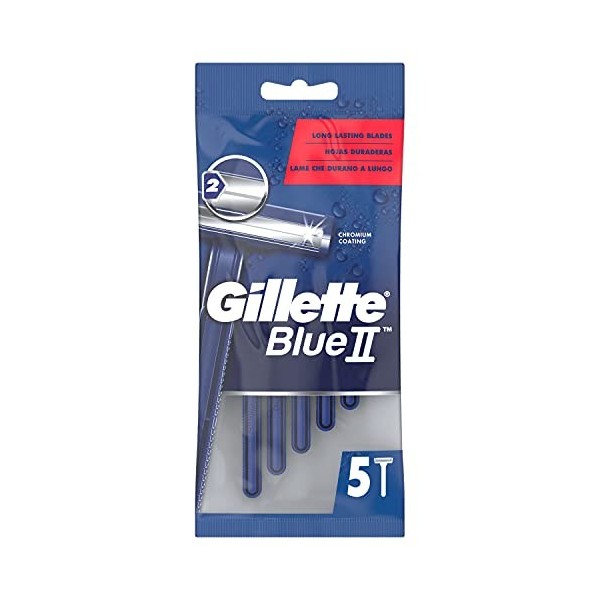 Gillette Blue II Plus Slalom Rasoirs Jetables Homme, Pack de 5 Lames Longue Durée avec Tête Fixe [OFFICIEL]