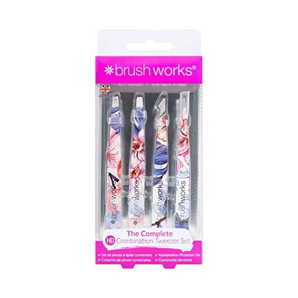 Brushworks HD 4 Piece Combination Tweezer Set Lot de pinces à épiler combinées Floral