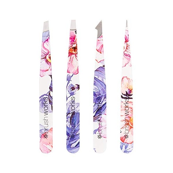 Brushworks HD 4 Piece Combination Tweezer Set Lot de pinces à épiler combinées Floral