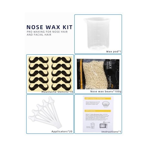 Kit de Cire pour Nez,Nose Wax Le Kit de Cire Pour Hommes et Femmes,100g cire pour poils nez, 20 applicateurs pointe sûre,Sûre