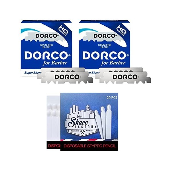 Dorco Lamettes 2x100 Stainless Steel Single Edge Razor Blades + 20 allumettes hémostatiques Shave Factory