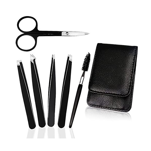 JXUN 6 Pcs Pince a Epiler Professionnelle, Acier Inoxydable Ciseaux Sourcils ​avec Étui en Cuir Peigne à Sourcil pour poils I