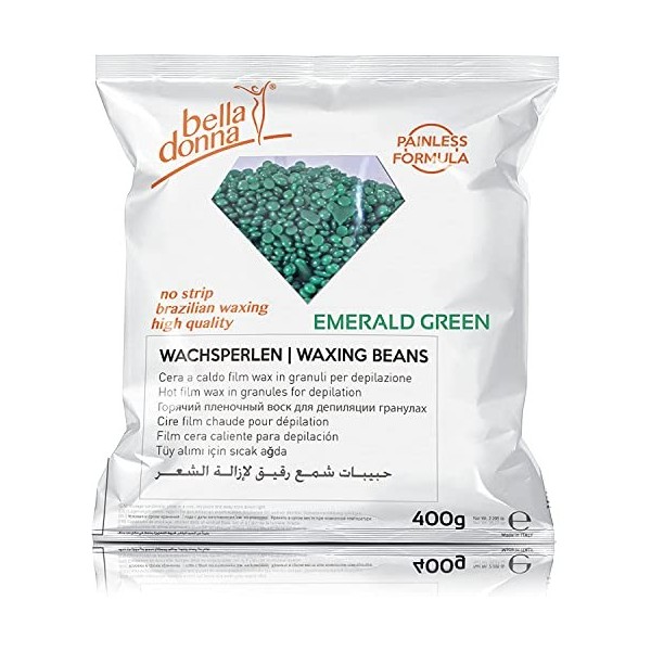 Bella Donna - Perles de cire « Emerald Green » pour une épilation sans bande sans douleur, formule souple et crémeuse, 400 g