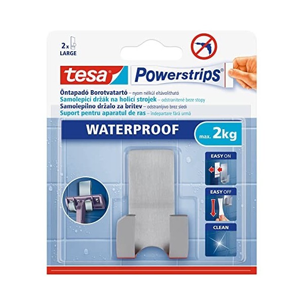 tesa Powerstrips Porte Rasoir Métal Wave - Waterproof - Support de Rasoir Amovible en Acier Inox pour la Douche - Peut suppor