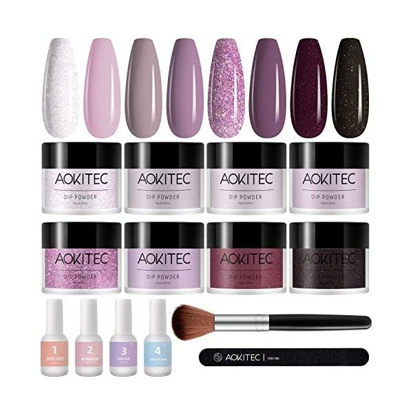 Aokitec 14Pcs Kit de Poudre à Ongles 8 Couleurs Baiser Passionné, Noir Blanc Paillette Poudre Acrylique Liquide avec Couche B