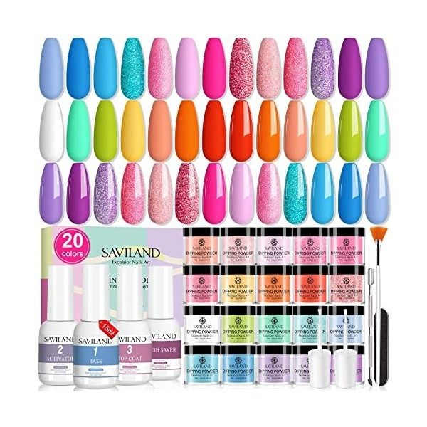 Saviland 20 Couleur Dipping Powder kit Complete, Kits de Trempage pour Manucure professionnel avec Activateur, Base & Top Coa