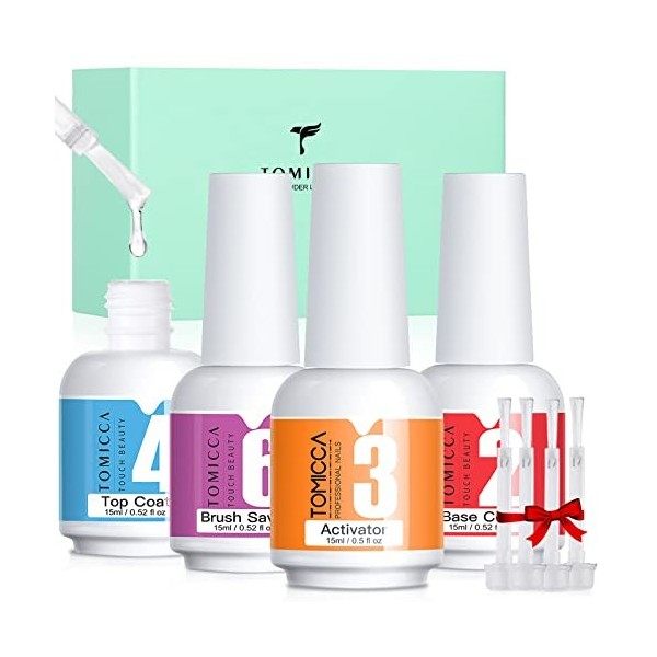 TOMICCA dipping powder Liquid Set, 4 * 15ml dipping powder top and base coat & Activateur，Essentiel pour le trempage de la po