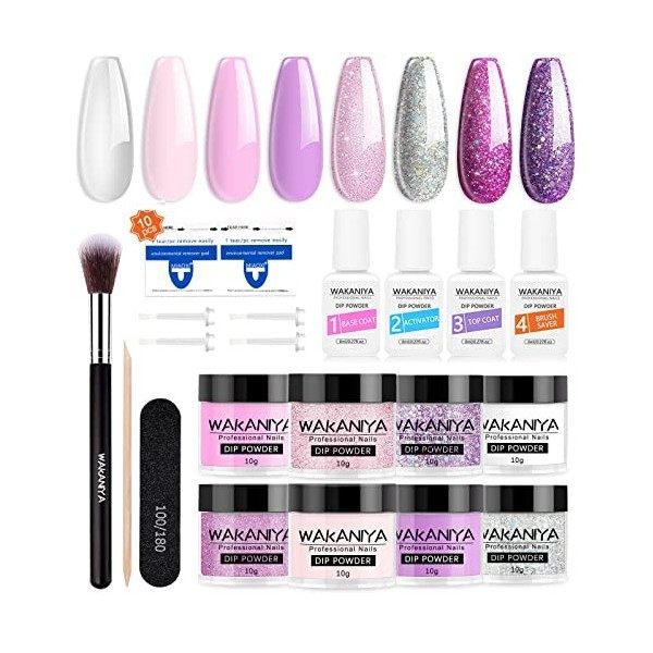 Wakaniya Kit de poudre de trempage à ongles, 8 couleurs de poudre de trempage, ensemble de poudre de trempage à ongles avec c