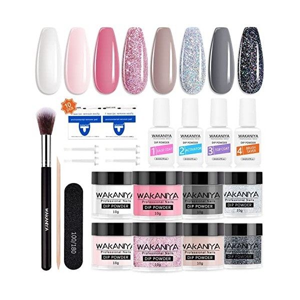 Wakaniya Kit de poudre de trempage à ongles, 8 couleurs de poudre de trempage, ensemble de poudre de trempage à ongles avec c