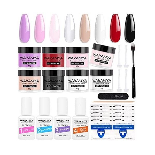 Wakaniya Kit de poudre de trempage à ongles, 8 couleurs de poudre de trempage, ensemble de poudre de trempage à ongles avec c