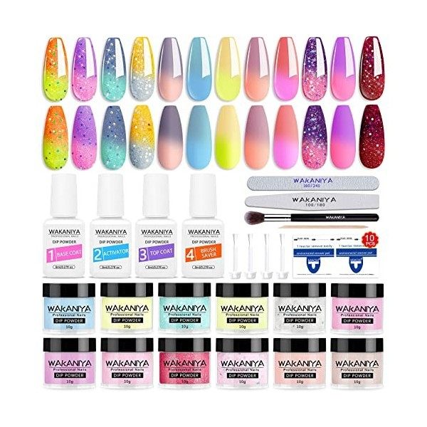 34Pcs Kit de Poudre à Ongles 12 Couleurs Dip Powder Noir Blanc Paillette Poudre Acrylique Transparente Ongle Liquide avec Cou