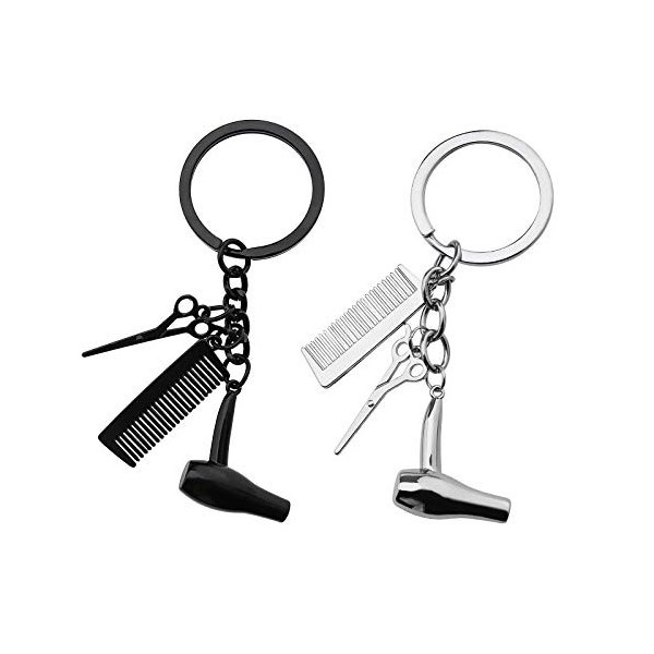 EMSea Lot de 2 porte-clés 3 en 1 avec pendentif en forme de peigne pour coiffeur - Argenté et noir, Argenté et noir., taille 