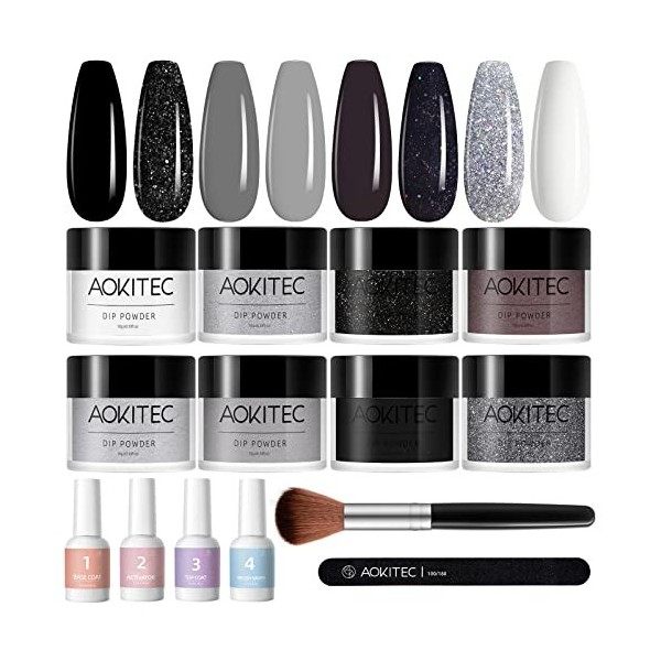 Aokitec 14Pcs Kit de Poudre à Ongles 8 Couleurs Baiser Passionné, Noir Blanc Paillette Poudre Acrylique Liquide avec Couche B