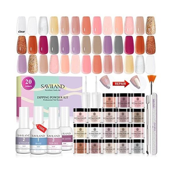 Saviland 29 Pcs Dip Powder Nail Kit - 20 Couleurs Blanc Clair Nude Dip Powder Set Système de Poudre de Trempage Liquide avec 