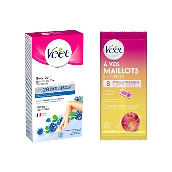 Veet - Bandes de Cire Froide Maillot Nectarine x8 et Bandes de Cire Froide Corps & Jambes Peaux Sensibles x40 8 Bandes Maill