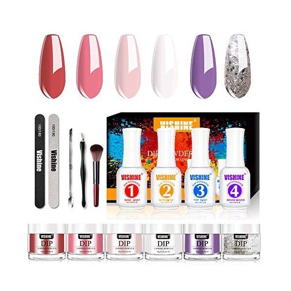 Vishine Kit de Poudre de Trempage, 6 Couleurs Dipping Powder Nails kit 18g/pot pour Ongles avec 4 Liquides Acryliques Base To