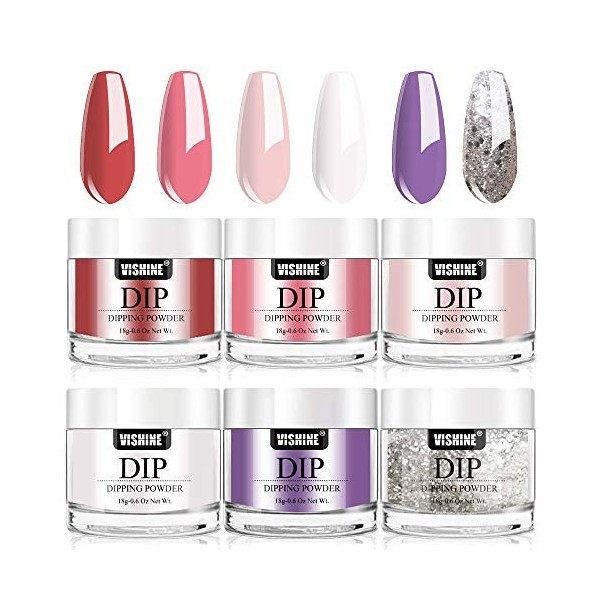 Vishine Kit de Poudre de Trempage, 6 Couleurs Dipping Powder Nails kit 18g/pot pour Ongles avec 4 Liquides Acryliques Base To