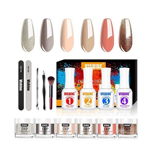 Vishine Poudre de Trempage, 6 Couleurs Dipping Powder Nails kit 18g/pot avec 4 Liquides Acryliques Base Top Coat, Activateur,