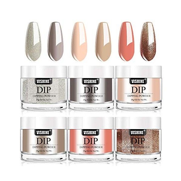 Vishine Poudre de Trempage, 6 Couleurs Dipping Powder Nails kit 18g/pot avec 4 Liquides Acryliques Base Top Coat, Activateur,