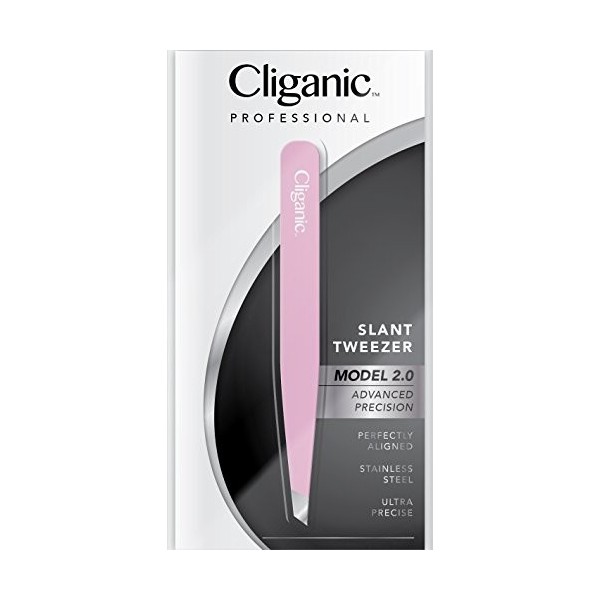 Cliganic Pince à épiler inclinée de précision 2.0 rose | Pince à épiler professionnelle pour homme et femme | Acier inoxydabl