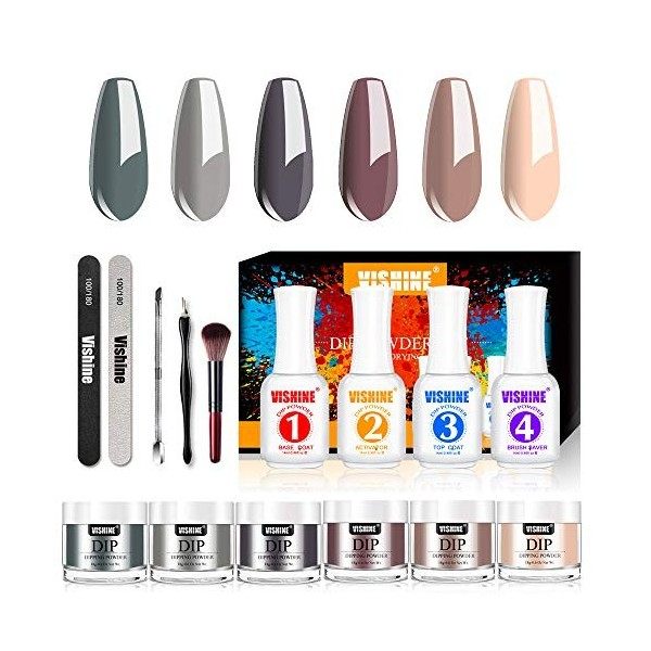Poudre Acrylique pour Ongles kit, Vishine Dipping Powder Nails Kit, 6 Colors Poudre Ongle, 4 Gel Couche de Base & Finition, 