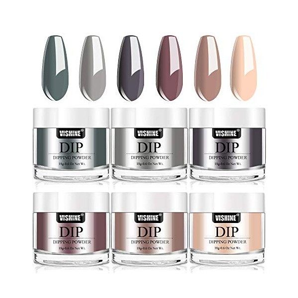 Poudre Acrylique pour Ongles kit, Vishine Dipping Powder Nails Kit, 6 Colors Poudre Ongle, 4 Gel Couche de Base & Finition, 