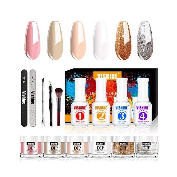 Vishine Kit de Poudre de Trempage, 6 Couleurs Dipping Powder Nails kit 18g/pot pour Ongles avec 4 Liquides Acryliques Base To