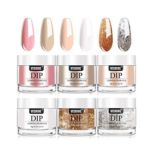 Vishine Kit de Poudre de Trempage, 6 Couleurs Dipping Powder Nails kit 18g/pot pour Ongles avec 4 Liquides Acryliques Base To