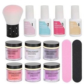 Nail Dip Powder Kit de Démarrage, 6 Couleurs de Poudre à Tremper pour Salon de Bricolage Nail Art Manucure avec Base Top Coat