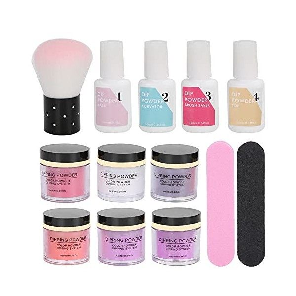 Nail Dip Powder Kit de Démarrage, 6 Couleurs de Poudre à Tremper pour Salon de Bricolage Nail Art Manucure avec Base Top Coat