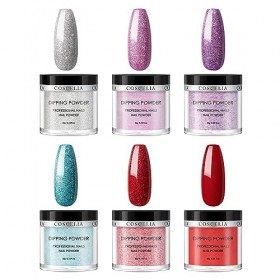 COSCELIA Lot de 6 poudres de trempage pailletées de 10 g avec base 2 en 1 - Kit de manucure pour la maison
