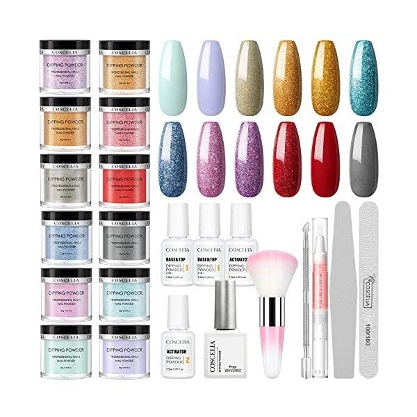 COSCELIA Dipping Powder Kit de poudre à ongles 12 couleurs avec 2 en 1 Base Top Coat Activator Manucure Kits pour les amateur