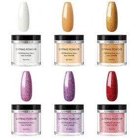 COSCELIA Kit de 6 couleurs de poudre de trempage avec couche de base, activateur et pinceau à ongles pour le bricolage à la m