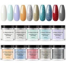 COSCELIA 10 couleurs Dipping Powder Starter Kits avec base et top coat 2 en 1 mat pour salon de manucure maison bricolage