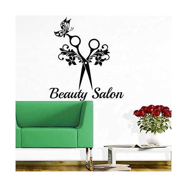 Ciseaux de coiffure et fleurs autocollant mural noir décoration de Salon de coiffure autocollant mural en vinyle 57X64 cm