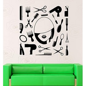 Outils de barbier ciseaux peigne miroir noir autocollant mural beauté salon de coiffure Salon de coiffure fenêtre décorative 