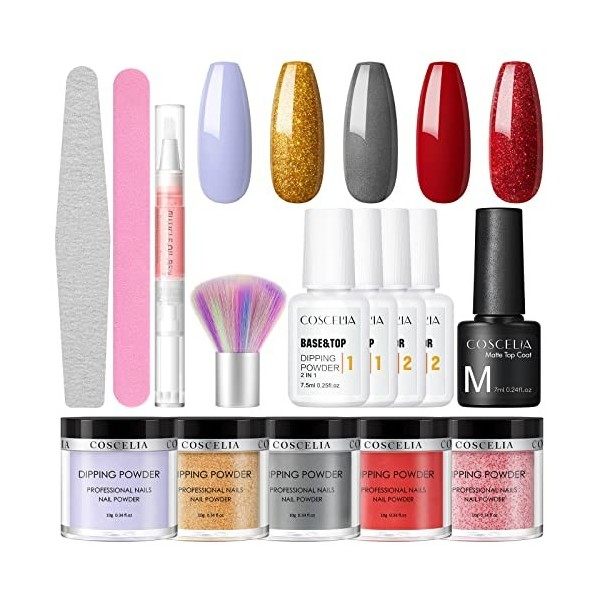 COSCELIA 5 couleurs Dipping Powder Starter Kits avec base et top coat mat 2 en 1 pour le système de nail art DIY