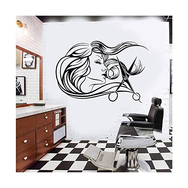 Ciseaux de coiffure et personnage de fille autocollant mural coiffeur salon de coiffure outils de coiffure décoration en verr
