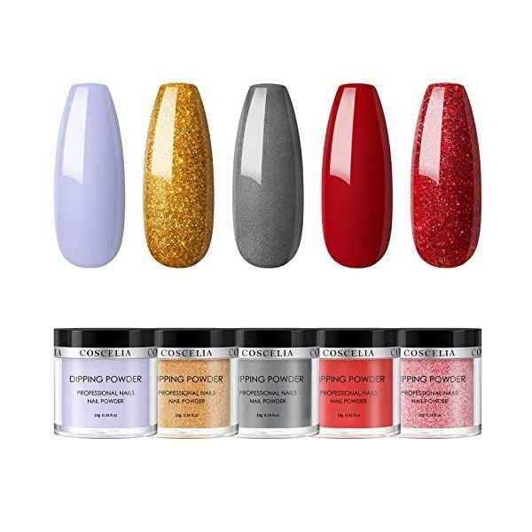 COSCELIA 5 couleurs Dipping Powder Starter Kits avec base et top coat mat 2 en 1 pour le système de nail art DIY