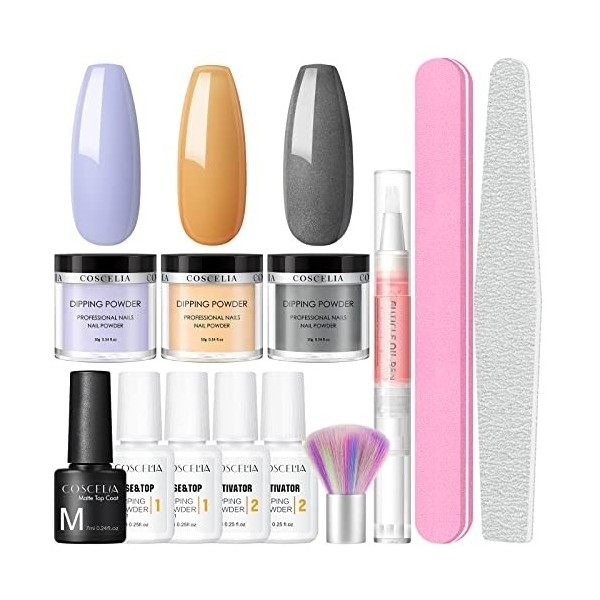 COSCELIA Kit de poudre de trempage 3 couleurs avec base top coat mat Activator Manucure Kits pour les amateurs dongles