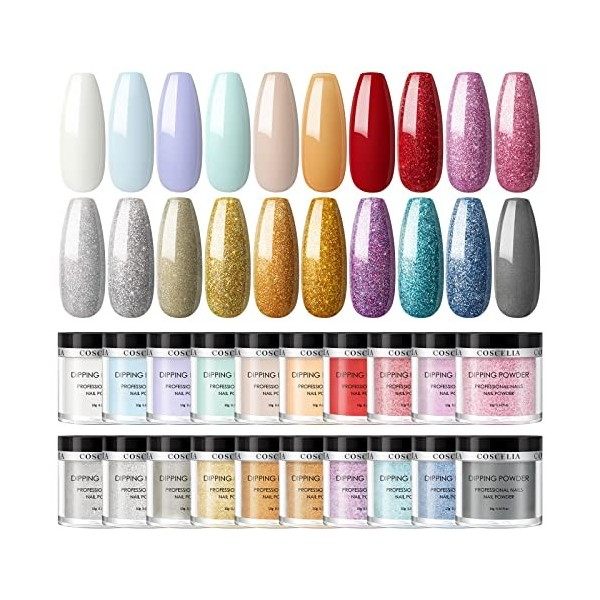 COSCELIA Dipping Powder Kit de poudre à ongles 20 couleurs avec base Top Coat Activator Manucure Kits pour les amateurs dong