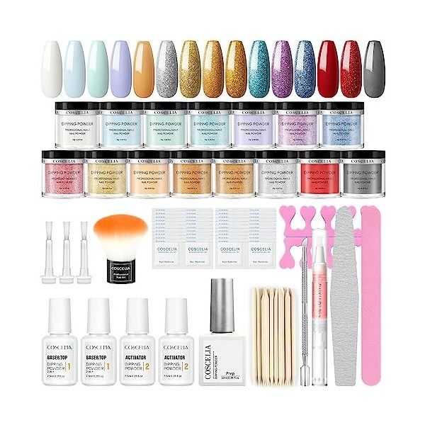 COSCELIA Dipping Powder Kit de poudre à ongles 15 couleurs avec base top coat, activateur et pinceau à ongles Kit de démarrag