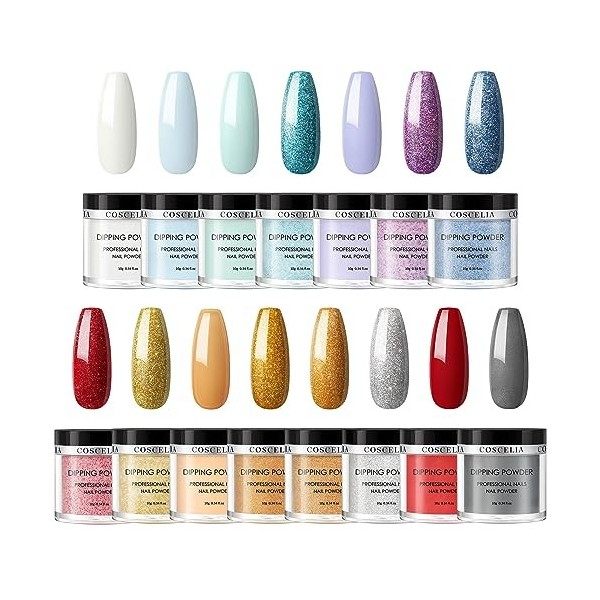 COSCELIA Dipping Powder Kit de poudre à ongles 15 couleurs avec base top coat, activateur et pinceau à ongles Kit de démarrag