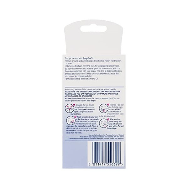 Veet Bandes de cire prêtes à lemploi pour le visage Peaux sensibles, lot de 20